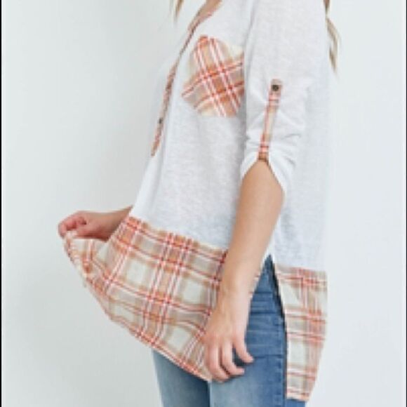 Plaid Orange-Rust ,White Button 3/4 Sleeve Shirt - Picture 4 of 7